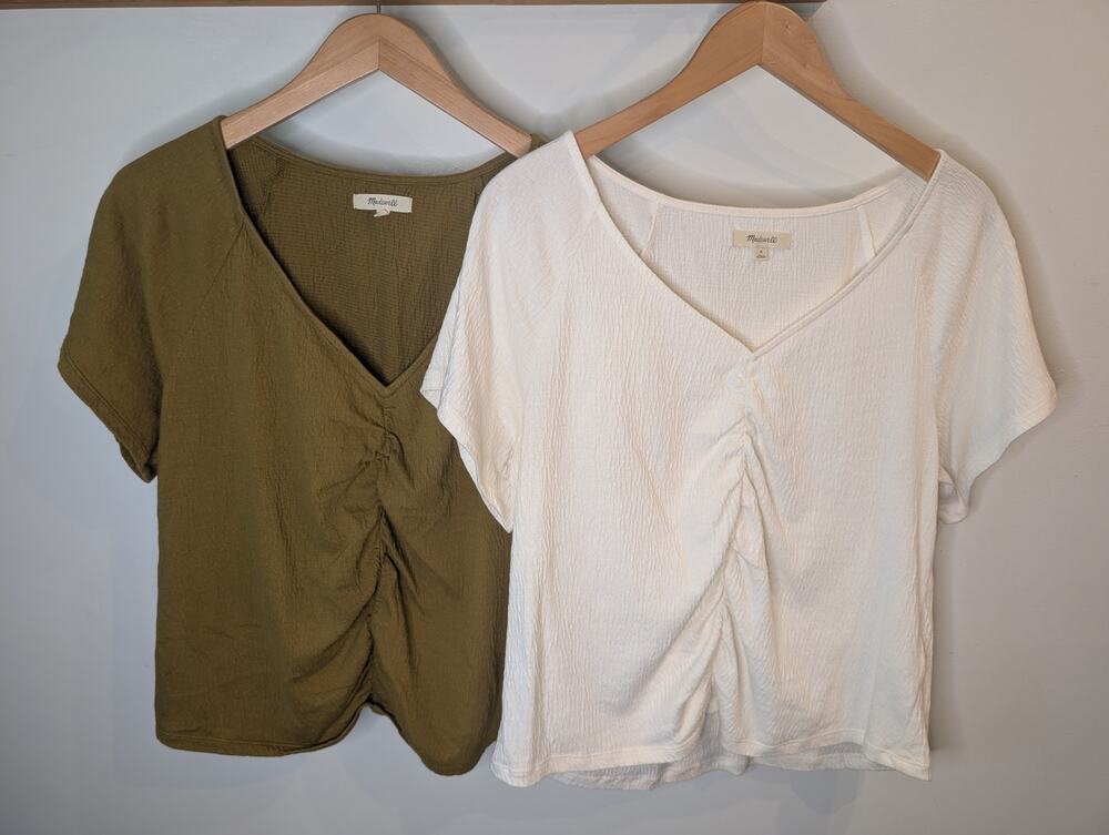 Madewell Womens M Bundle 2 Ruched V Neck Tops Olive Green Ivory Textured Cotton